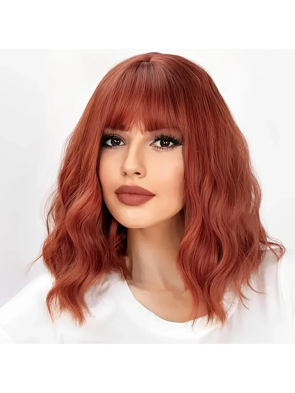 Women's Reddish Brown 14 Inch Heat Resistant Short Wavy Hair Pastel Bob Wig Bang